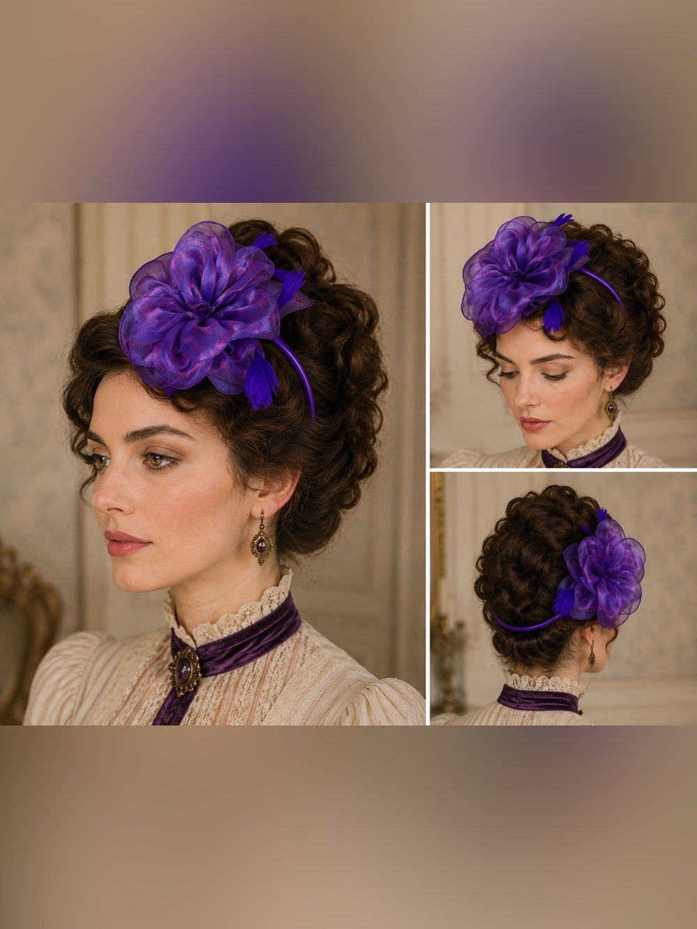 Purple Victorian Floral Fascinator Headband Wedding Derby Tea Party Hat